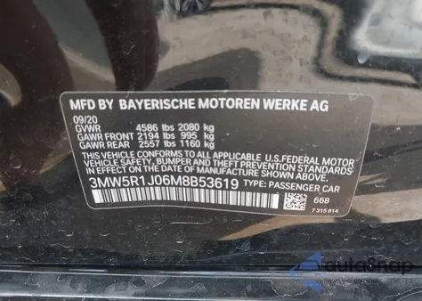 2021 BMW 330I из США, поврежденный, VIN 3MW5R1J06M8B53619